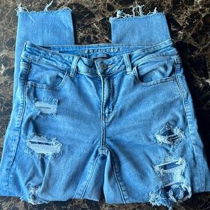 American Eagle jeans. They are so stretchy and comfortable. Size 10 /raw hem